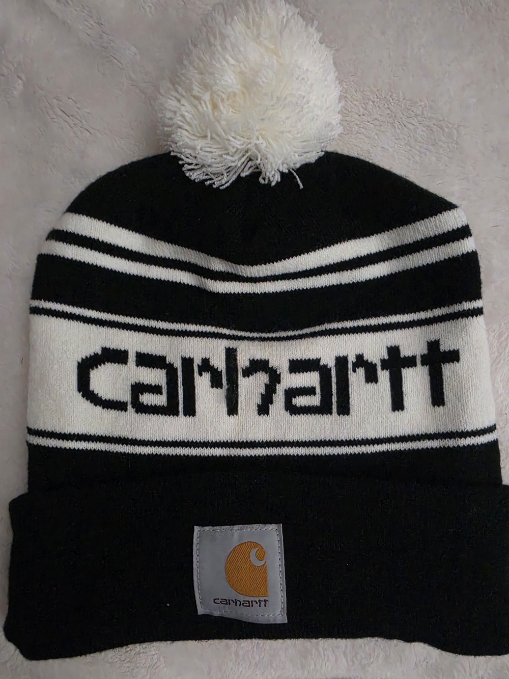 Carhartt Black and White Pom-Pom Logo Beanie